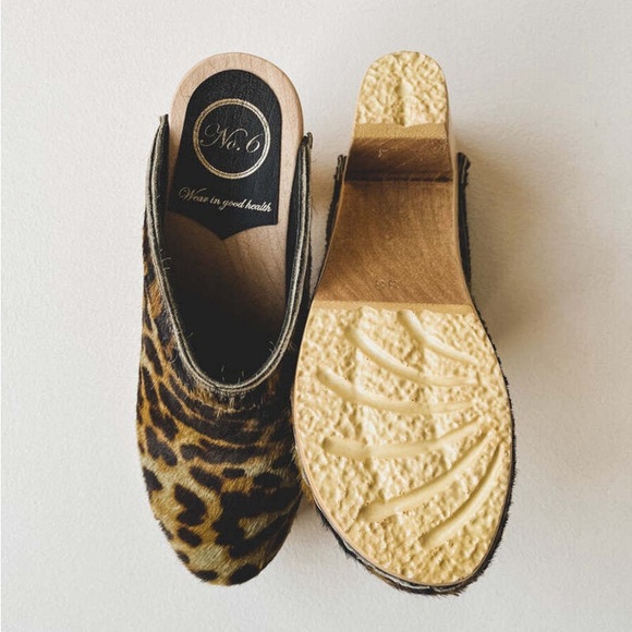 No. 6 Store New School deep lake Clog clogs mules wooden Leopard Pony calf hair - Picture 5 of 9
